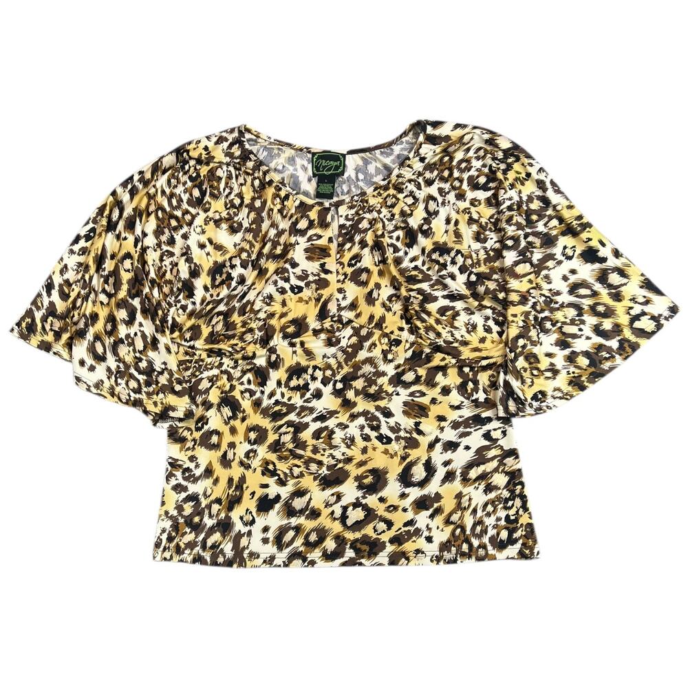 Nicaya Leopard Print Blouse Flutter Sleeve Keyhole Neck Animal Print Top - L